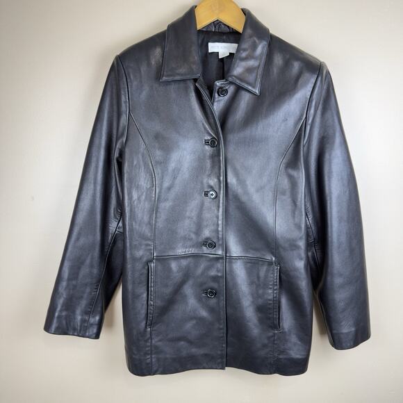 Petite Sophisticate Black Leather Blazer Jacket Women’s Size M Button Front - Picture 1 of 14